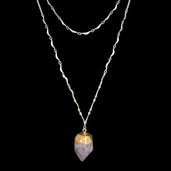 Express Faux Amethyst Necklace Double Strand Purple Raw Pendant‎ Gold-tone Boho - Picture 2 of 6